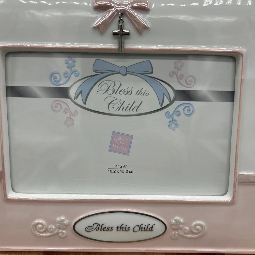 Russ Berrie Blessings Baby's Baptism Girl Pink Ceramic 4x6 Frame Cross